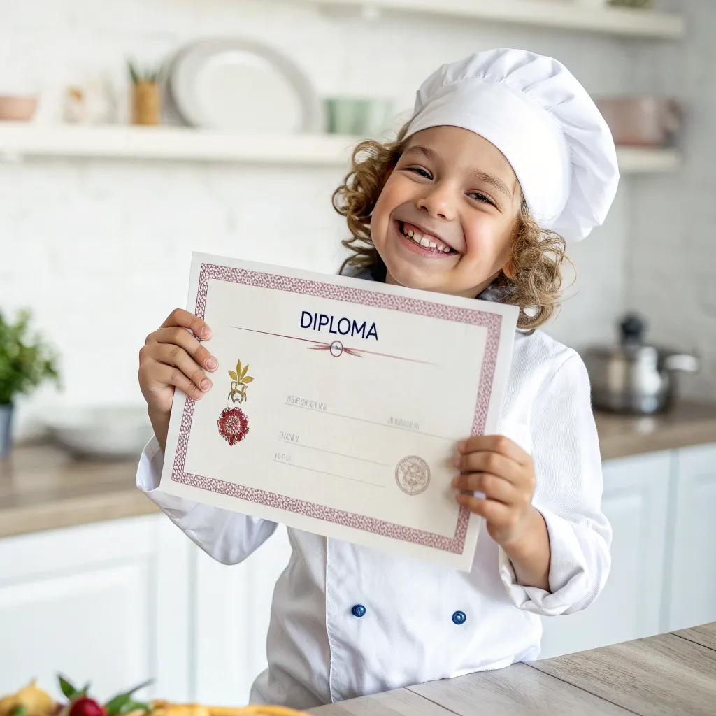 Smiling child holding a cooking diploma