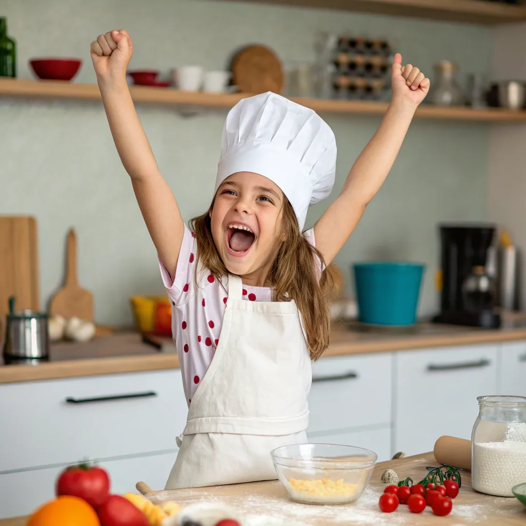 Excited girl with a chef hat